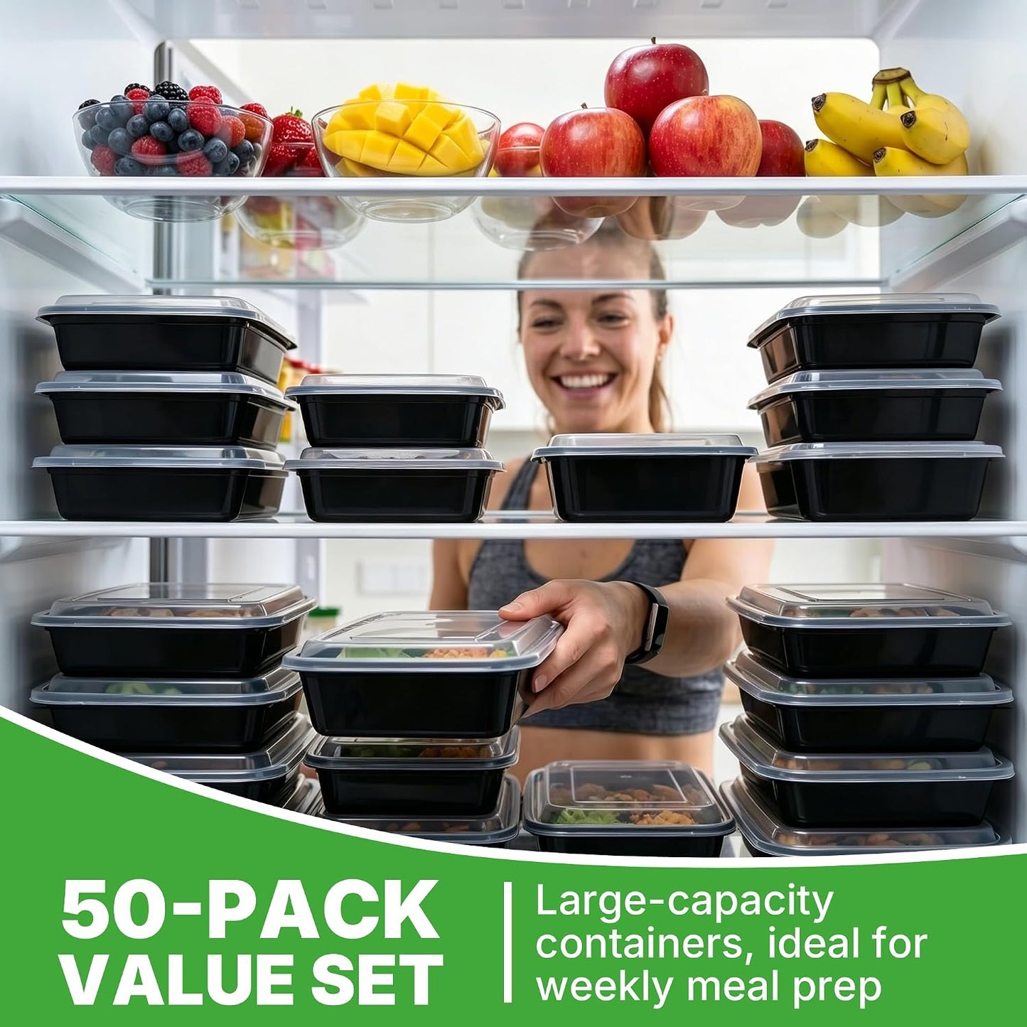 50 Pack (100-Piece) Meal Prep Containers with Lids, Reusable 2-Compartment Food Storage, Sturdy Leakproof, Food Safe, Microwave Freezer Dishwasher Safe, To-Go Takeout Plastic Containers – 60828