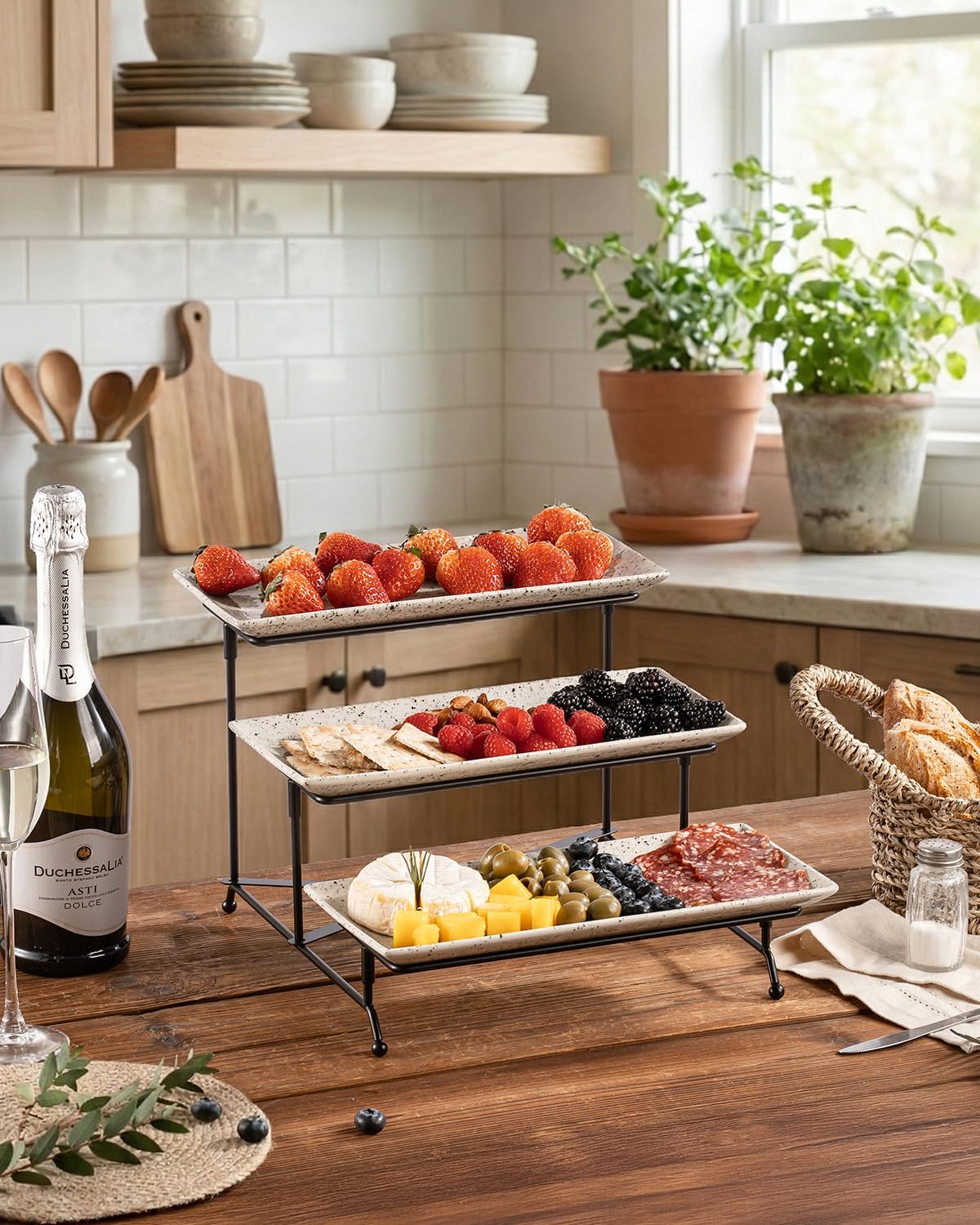 LAUCHUH 3 Tier Serving Tray, Porcelain Serving Platter Tier Serving Stand with Collapsible Sturdier Rack, Serving Trays and Platters Dessert Party Display Set for Father's Day, Gold, 12 Inch