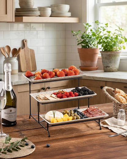 LAUCHUH 3 Tier Serving Tray, Porcelain Serving Platter Tier Serving Stand with Collapsible Sturdier Rack, Serving Trays and Platters Dessert Party Display Set for Father's Day, Gold, 12 Inch