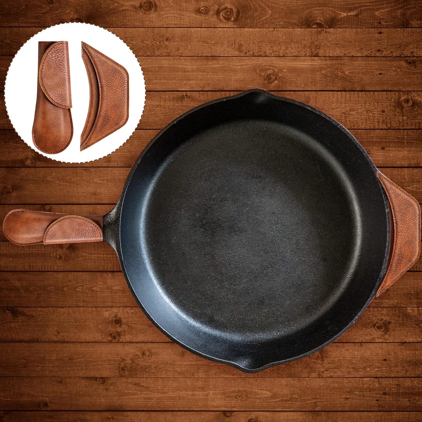 6 Pieces Cast Iron Handle Cover Handmade Thick Skillet Handle Cover Full Grain Frying Pan Sleeve Rustic PU Leather Hot Holder Double Layered Leather Assist Grip for Kitchen