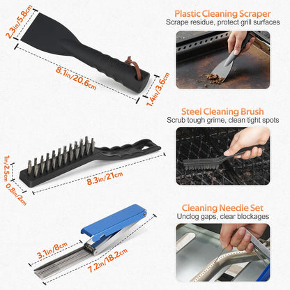 onlyfire Professional BBQ Cleaning Kit, Stainless Steel Burner Cleaner Needles, Heavy-Duty Grill Brush & Plastic Scraper for Unclogging Burners, Scrubbing Grates & Removing Grease -3PCS