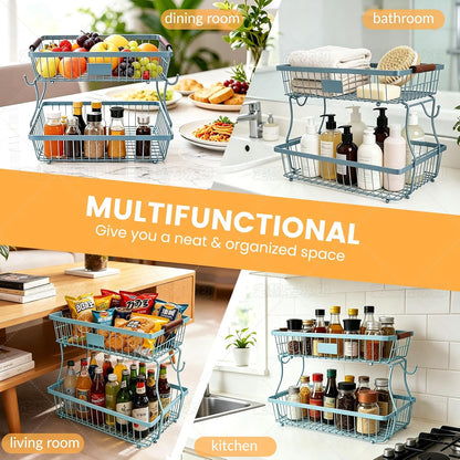 2-Tier Stackable Wire Basket with 2 Banana Hooks, Pantry Organizer for Kitchen Countertops, Cabinets & Under-Sink Spaces; Ideal for Storing Snacks, Fruits, Veggies, Onions, Potatoes, & More,Black