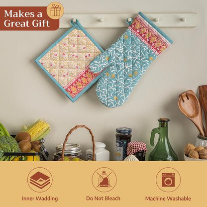 Maison d' Hermine 100% Cotton Oven Mitt & Pot Holder Set (7.5"x13" & 8"x8") - Colors C