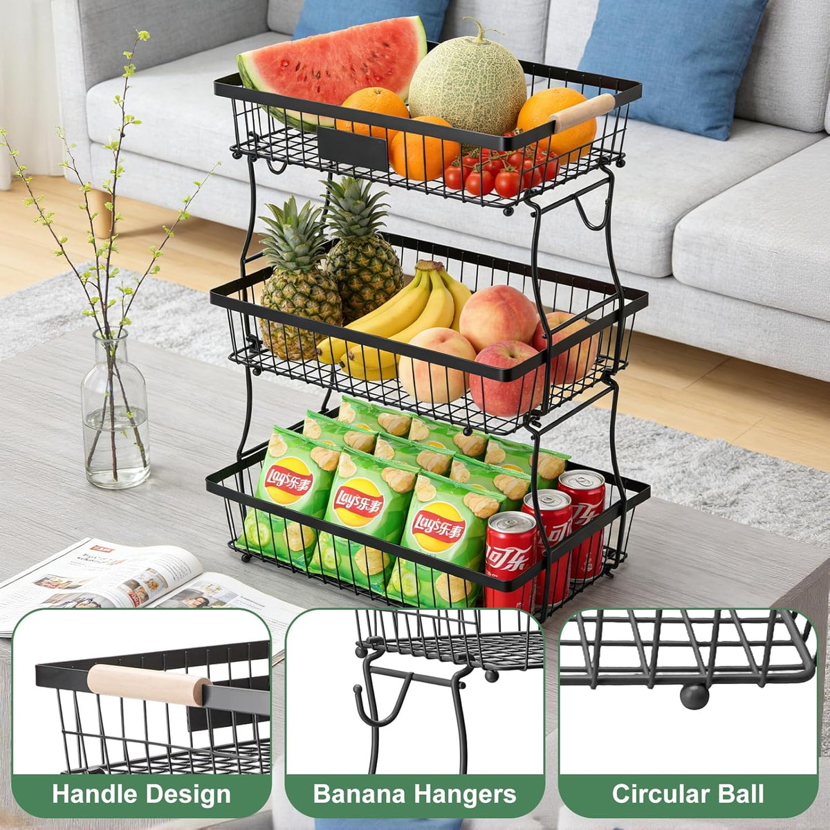 Fruit Basket Bowl 2 Tier Detachable with 2 Banana Hangers, Fruit Stand Holder for Kitchen Countertop, Metal Wire Vegetable Storage Organizer, for Bread Snack Veggies Produce, Black