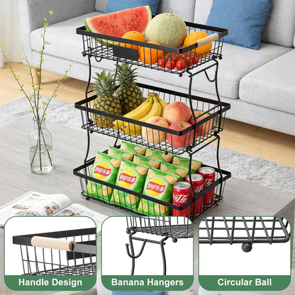 Fruit Basket Bowl 2 Tier Detachable with 2 Banana Hangers, Fruit Stand Holder for Kitchen Countertop, Metal Wire Vegetable Storage Organizer, for Bread Snack Veggies Produce, Black