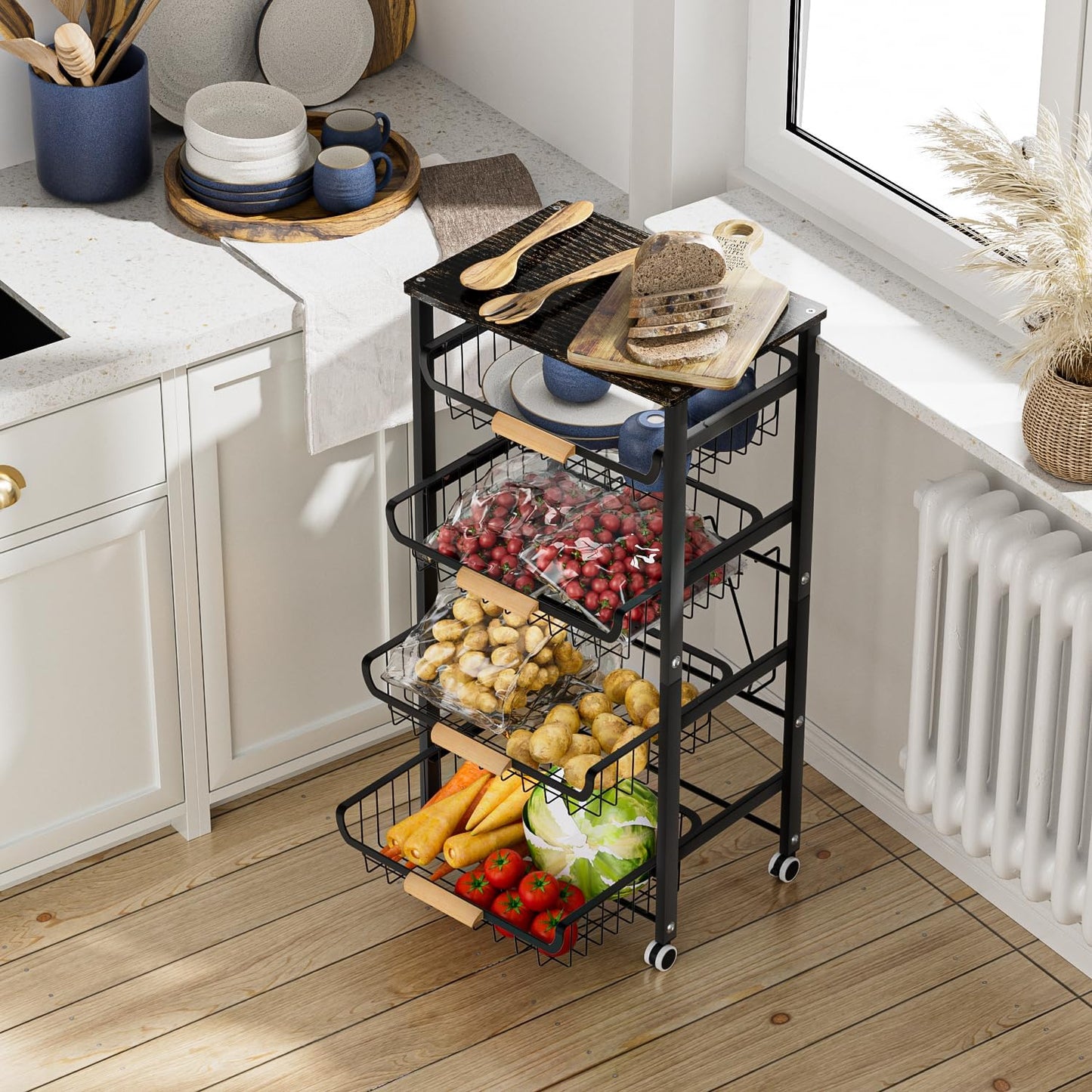 JAQ Slide Out Fruit Vegetable Basket for Kitchen, 4-Tier Rolling Storage Cart with Wooden Handle & Top, Metal Wire Produce Rack for Pantry Organization, Onion Potato Storage Bins for Small Space,White