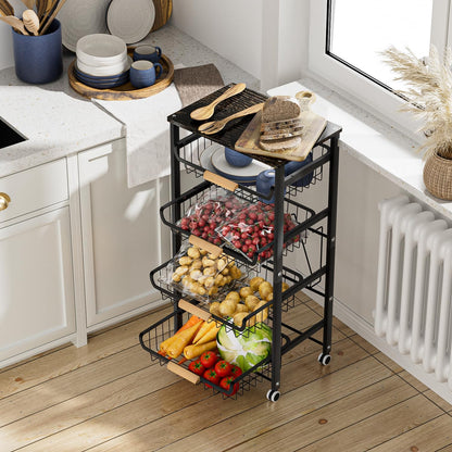 JAQ Slide Out Fruit Vegetable Basket for Kitchen, 4-Tier Rolling Storage Cart with Wooden Handle & Top, Metal Wire Produce Rack for Pantry Organization, Onion Potato Storage Bins for Small Space,White
