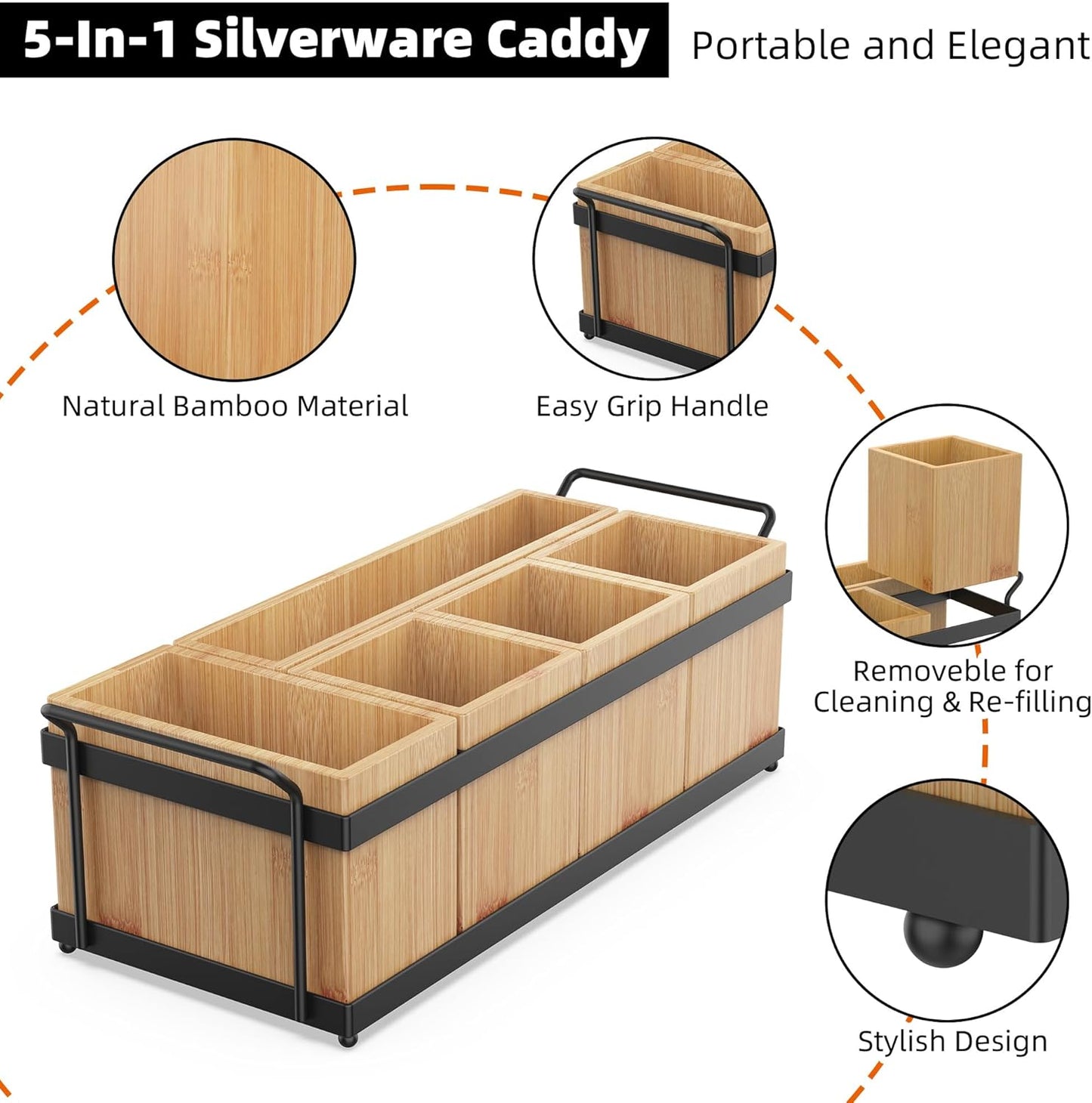 Silverware Caddy for Party, Wood Utensil Caddy with 4 Removable Compartments for Kitchen Countertop Organizing Paper Plate, Fork, Spoon, Napkin
