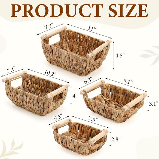 Newtay 4 Pack Wicker Storage Baskets, Hand Woven Basket for Organizing, Water Hyacinth Nesting Shelf Bins with Wooden Handles for Nursery Shelves, Bedroom Decor, Pantry School Office Desk, 4 Size