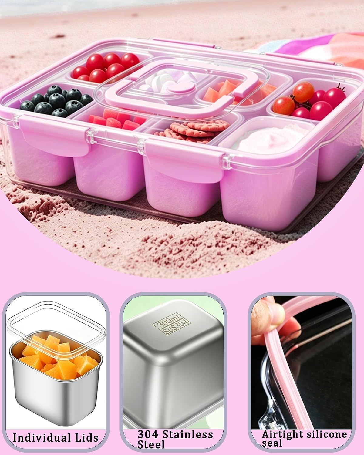 Snackle Box Container, Stainless Steel Divided Serving Tray with Lid and Handle, Large Snack Tray for Fruit Veggie Candy, 8-Compartment Snack Platter for Travel Party Beach Picnic