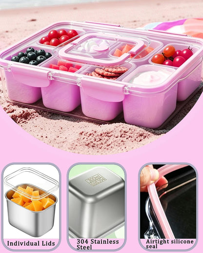 Snackle Box Container, Stainless Steel Divided Serving Tray with Lid and Handle, Large Snack Tray for Fruit Veggie Candy, 8-Compartment Snack Platter for Travel Party Beach Picnic