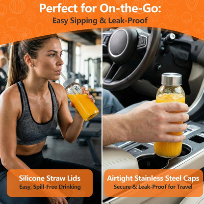 Glass Juice Bottles with Lids 10 oz, 6 Pack Reusable Small Glass Bottles with Stainless Steel Caps & Straws, BPA-Free Leak proof Juice Bottle Containers for Juicing, Milk, Smoothies & Fridge