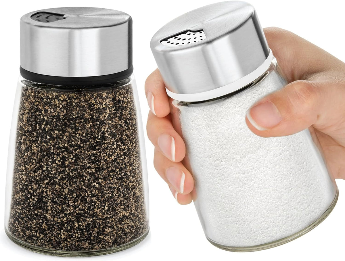 Salt and Pepper Shakers Set with Adjustable Pour Holes - Stainless Steel Spice Dispenser - Perfect for Pink Himalayan, Table Salt, Black and White Pepper