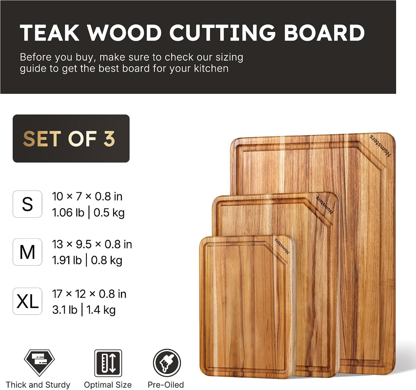 3 Pack Teak Wood Cutting Board Set with Holder Non Slip Over Sink Wooden Chopping Board for Fresh Meat Vegetable Thick Haus Perfect for Charcuterie Juice Groove Kitchen Accessories - FSC Certified