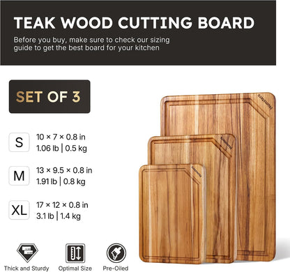 3 Pack Teak Wood Cutting Board Set with Holder Non Slip Over Sink Wooden Chopping Board for Fresh Meat Vegetable Thick Haus Perfect for Charcuterie Juice Groove Kitchen Accessories - FSC Certified
