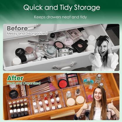 Criusia 6 Pcs Large Size Clear Drawer Organizer Set, Acrylic Non Slip Non Cracking Kitchen Drawer Storage Tray Divider, Multifunctional Storage for Cosmetics, Bathroom, Tools, Kitchen and Office