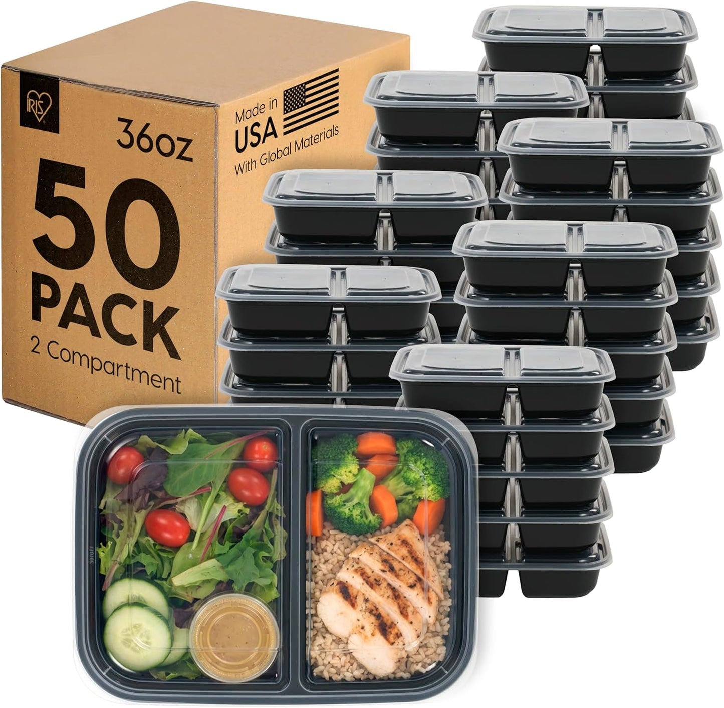 IRIS USA Meal Prep Containers, 36oz - 50 Pack (100-Piece) 3-Compartment Reusable Food Storage Containers with Lids, Plastic Kitchen Food Prep To Go Lunch Box, Microwave Freezer Dishwasher Safe, Black