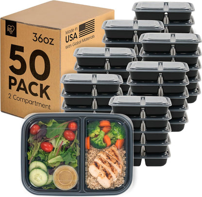 IRIS USA Meal Prep Containers, 36oz - 50 Pack (100-Piece) 3-Compartment Reusable Food Storage Containers with Lids, Plastic Kitchen Food Prep To Go Lunch Box, Microwave Freezer Dishwasher Safe, Black