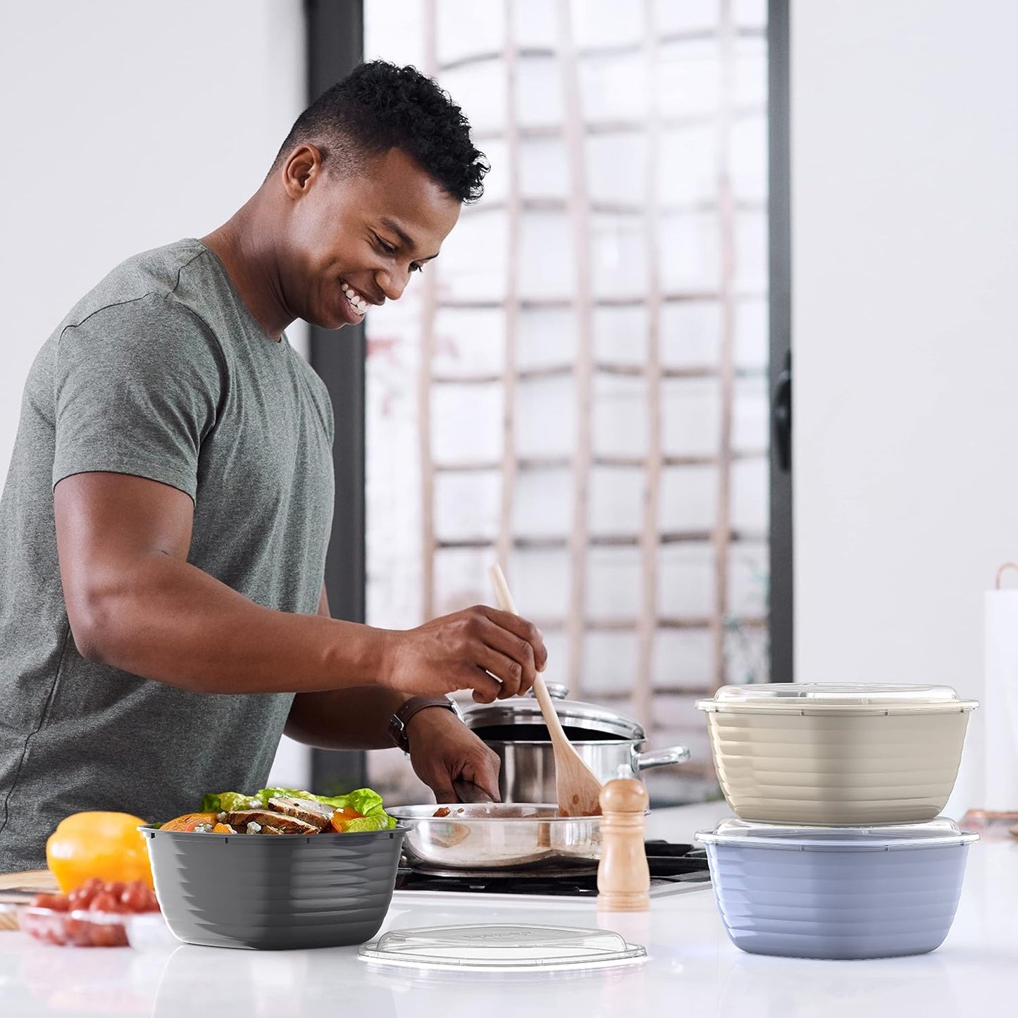 Bentgo Prep - 1-Compartment Bowls with Custom-Fit Lids - Reusable, Microwave Safe, Durable, PFAS & BPA-Free, Freezer & Dishwasher Safe Meal Prep Food Storage - 10 Bowls & 10 Lids (White Stone Tan)