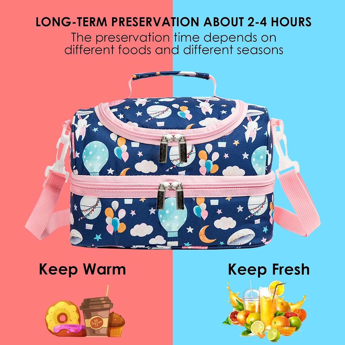 Insulated Kids Dual Compartment Lunch Bags Tote Pack for Girls Boys Toddler Kindergarten School Picnic Cooler Thermal Lunch Boxes with Strap (Green Rainbow)