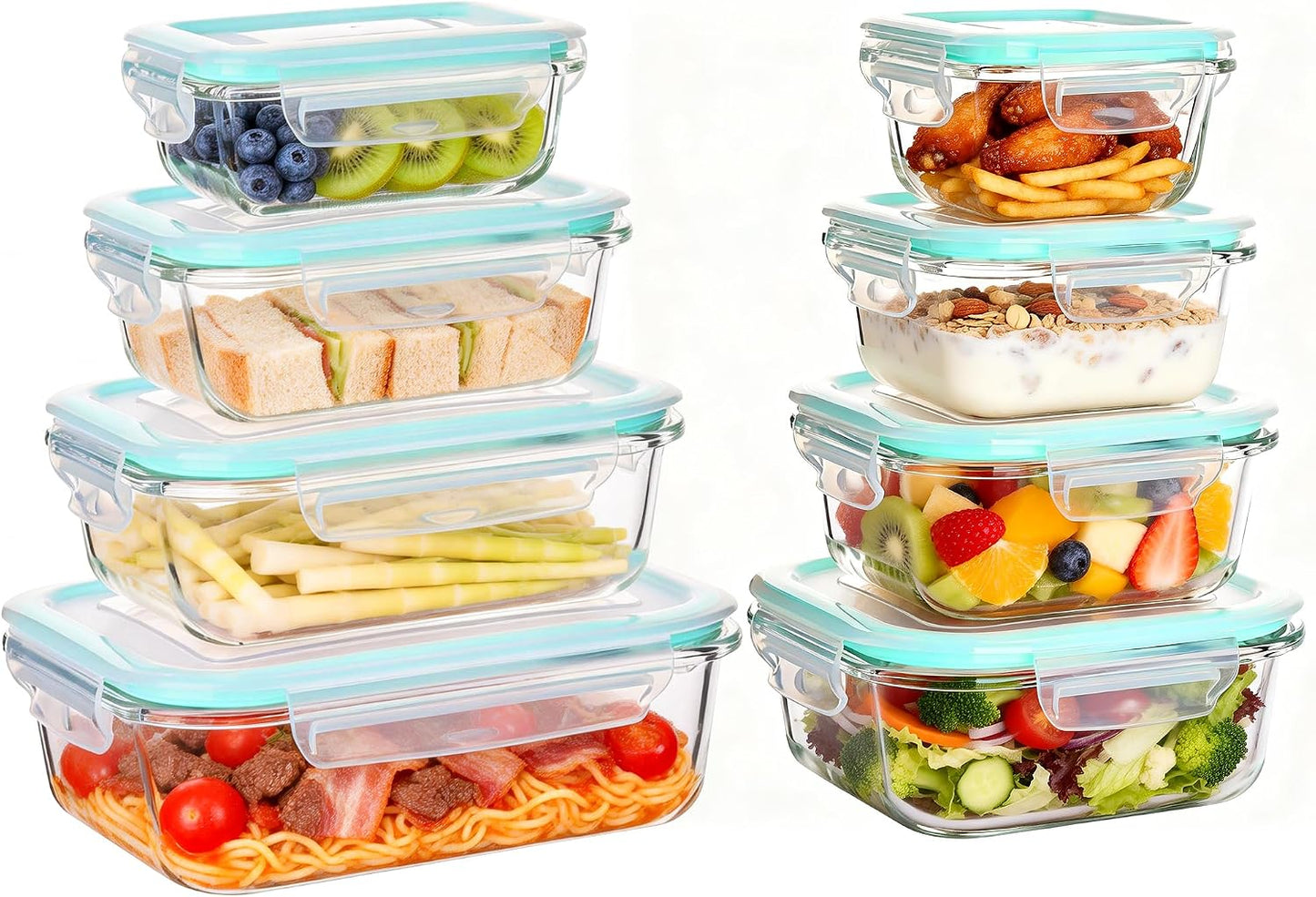 Liuruiyu 8 Pack 36OZ Glass Food Storage Containers with Lids, Meal Prep Containers, Airtight Bento Boxes with Leak Proof Locking for Microwave, Oven, Freezer and Dishwasher, BPA Free