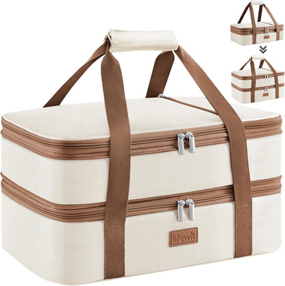 Lifewit Insulated Double Decker Casserole Carrier, Expandable Lasagna Lugger Tote Bag for Hot or Cold Food, Fits 9" x 13" Baking Dish for Potluck Parties, Picnic and Cookouts, Grey-Geometric