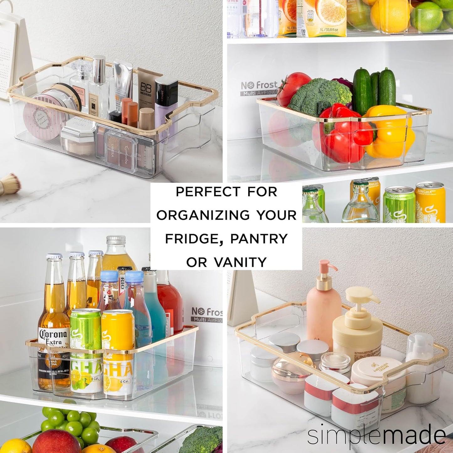 SIMPLEMADE Clear Refrigerator Organizer Bins - Clear Bins for Fridge, Containers for Fridge and Freezer, Multipurpose Storage for Kitchen, Office, Bathroom, Pack of 3 (Design 2)
