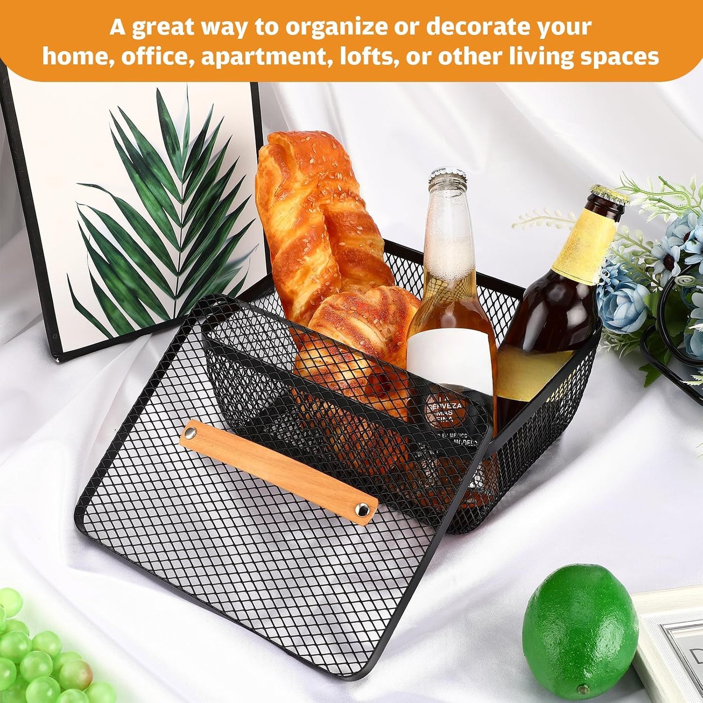 Tandefio 4 Pcs Metal Mesh Basket with Lid and Wooden Handle 9.65 x 7.68 Inch Wire Storage Basket Garden Baskets Organizer Containers for Vegetable Fruit Picnic Kitchen Bathroom (White)