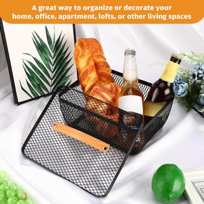 Tandefio 4 Pcs Metal Mesh Basket with Lid and Wooden Handle 9.65 x 7.68 Inch Wire Storage Basket Garden Baskets Organizer Containers for Vegetable Fruit Picnic Kitchen Bathroom (White)