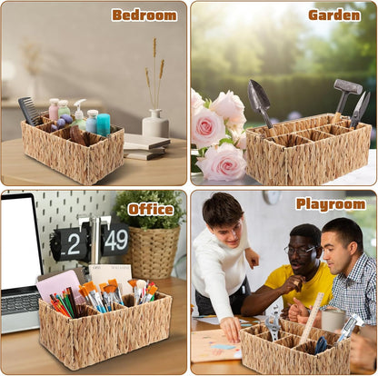 LLOUSSAK Utensil Caddy, Outdoor Silverware Caddy with Handle, Wicker Utensil Holder for Party, Woven Divided Picnic Basket as Cutlery Holder, Outdoor Party Essentials (5 Compartments)