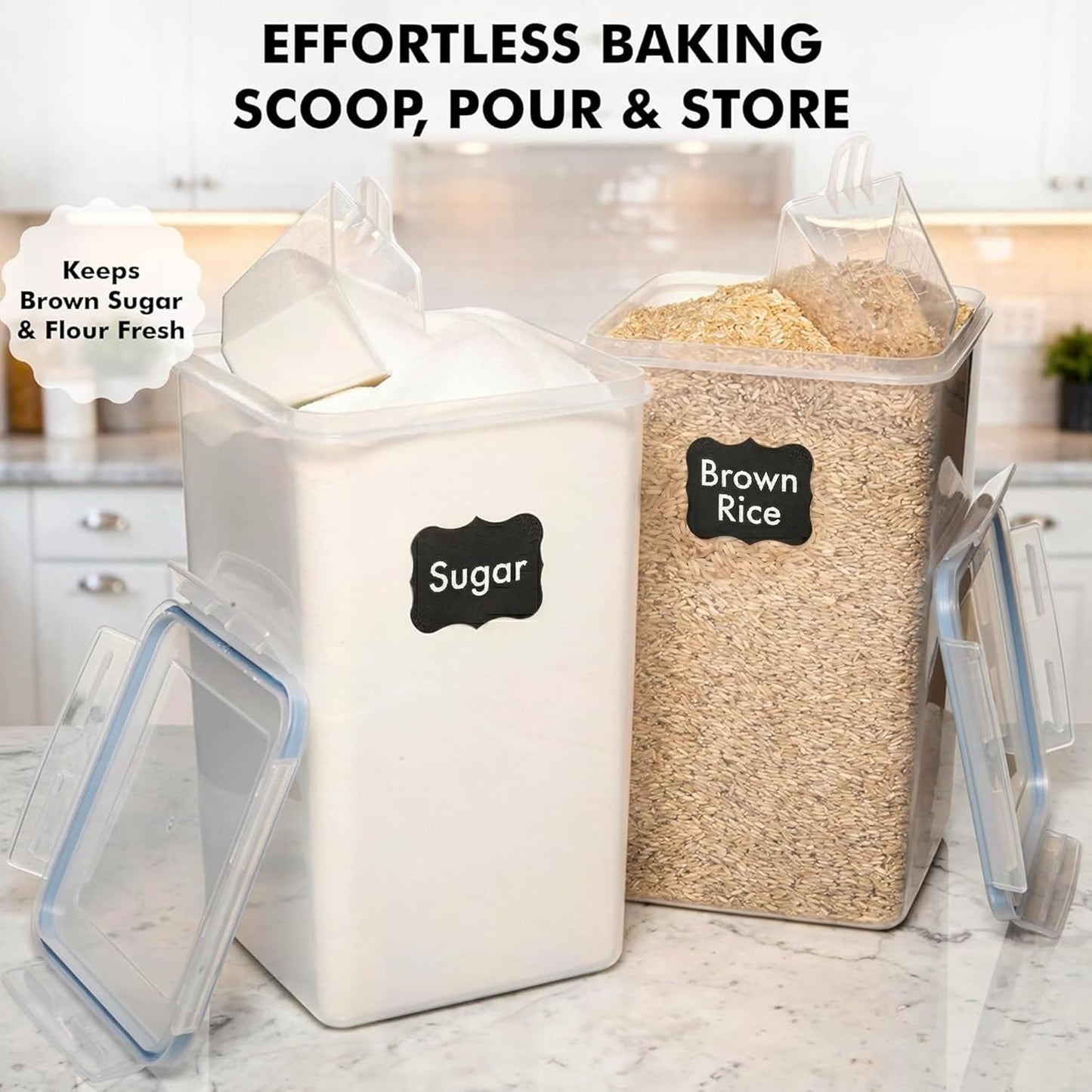 WHITE FEATHER SUPPLIES 2 PC [7 Qt / 6.5L / 220 Oz] Large Food Storage Containers with Lids Airtight - BPA Free Clear Plastic Kitchen and Pantry Storage Containers for Cereal, Flour, Sugar, Rice
