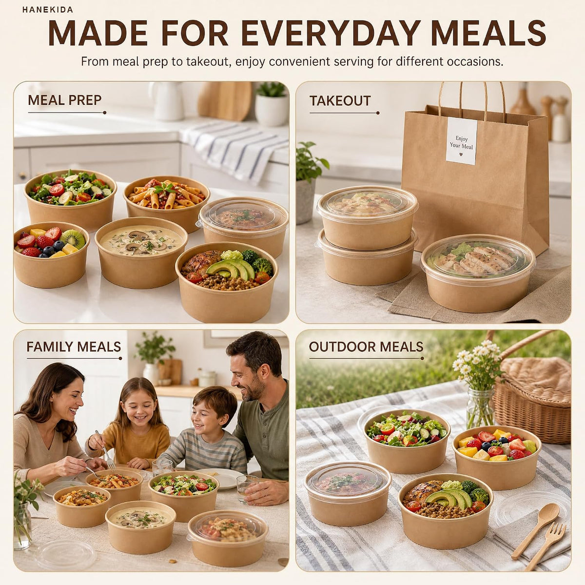 34 oz Paper Bowls with Lids, 50 Count Disposable Meal Prep Containers