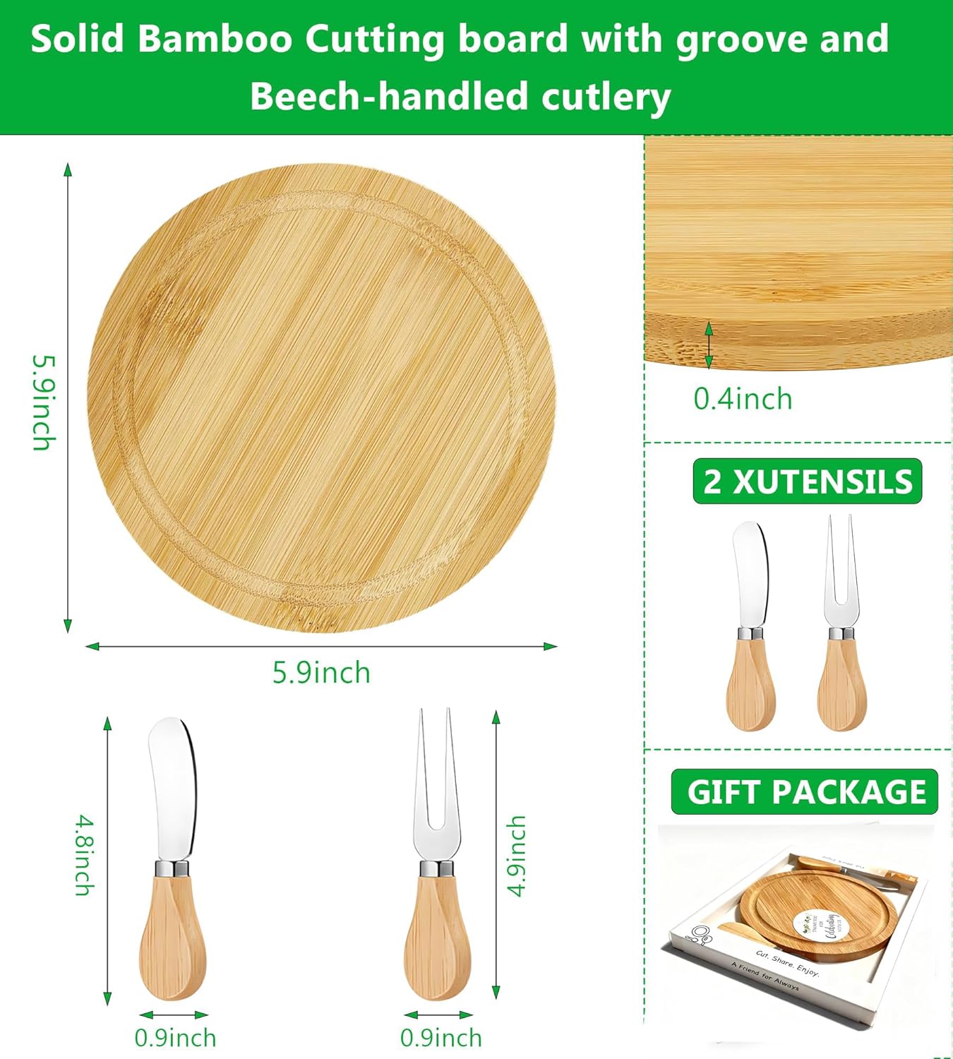 Upgraded storage-ready Small Cheese Board Set & Dessert Plate with Knife & Fork, 1-Pack 6-Inch Personal Charcuterie Tray, Bamboo, Gift-ready for Wedding, Bridal & Baby Shower Party