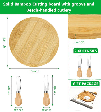 Upgraded storage-ready Small Cheese Board Set & Dessert Plate with Knife & Fork, 1-Pack 6-Inch Personal Charcuterie Tray, Bamboo, Gift-ready for Wedding, Bridal & Baby Shower Party