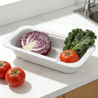 Extendable Colander Strainer Basket, Over the Sink Colander and Strainer for Kitchen, Wash Vegetables and Fruits, Drain Pasta and Dry Dishes, Adjustable Colander from 13.5In to 18.7In, Gray