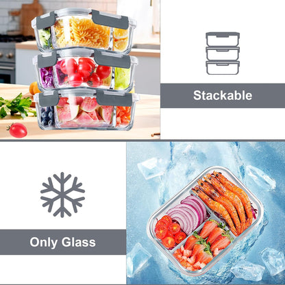 VERONES 10Pack 22OZ Glass Meal Prep Containers and 5Pack Glass 3 Compartment Containers Set, Food Storage Containers with Lids,BPA-Free, for Microwave, Oven, Freezer & Dishwasher Friendly