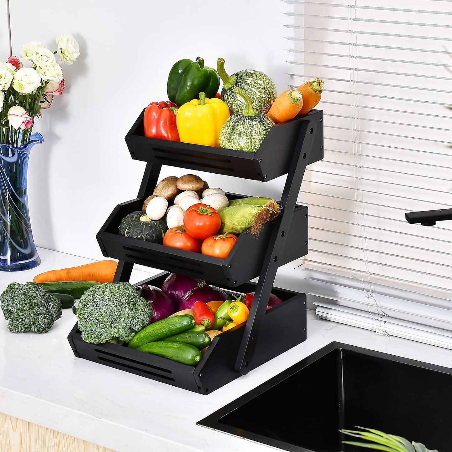 VIKEYHOME Fruit Basket, 2 Tier Bamboo Fruit Basket for Kitchen, 11" Tall Fruit Stand Storage Holder, Heavy Duty/Large Capacity for Vegetables, Fruit, and Snack, 15 mm Thickness (Self-assembly)