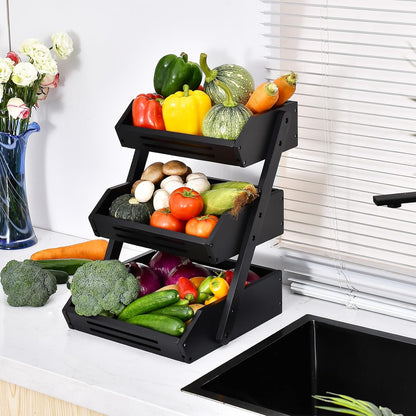 VIKEYHOME Fruit Basket, 2 Tier Bamboo Fruit Basket for Kitchen, 11" Tall Fruit Stand Storage Holder, Heavy Duty/Large Capacity for Vegetables, Fruit, and Snack, 15 mm Thickness (Self-assembly)