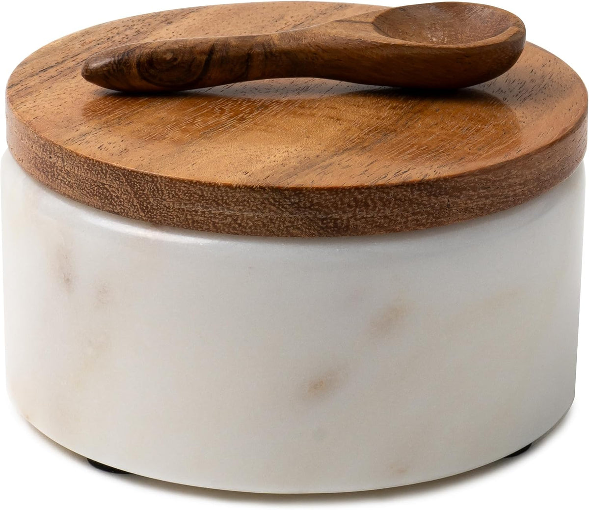 Cork & Mill Marble Salt Cellar with Acacia Wood Lid and Spoon, White