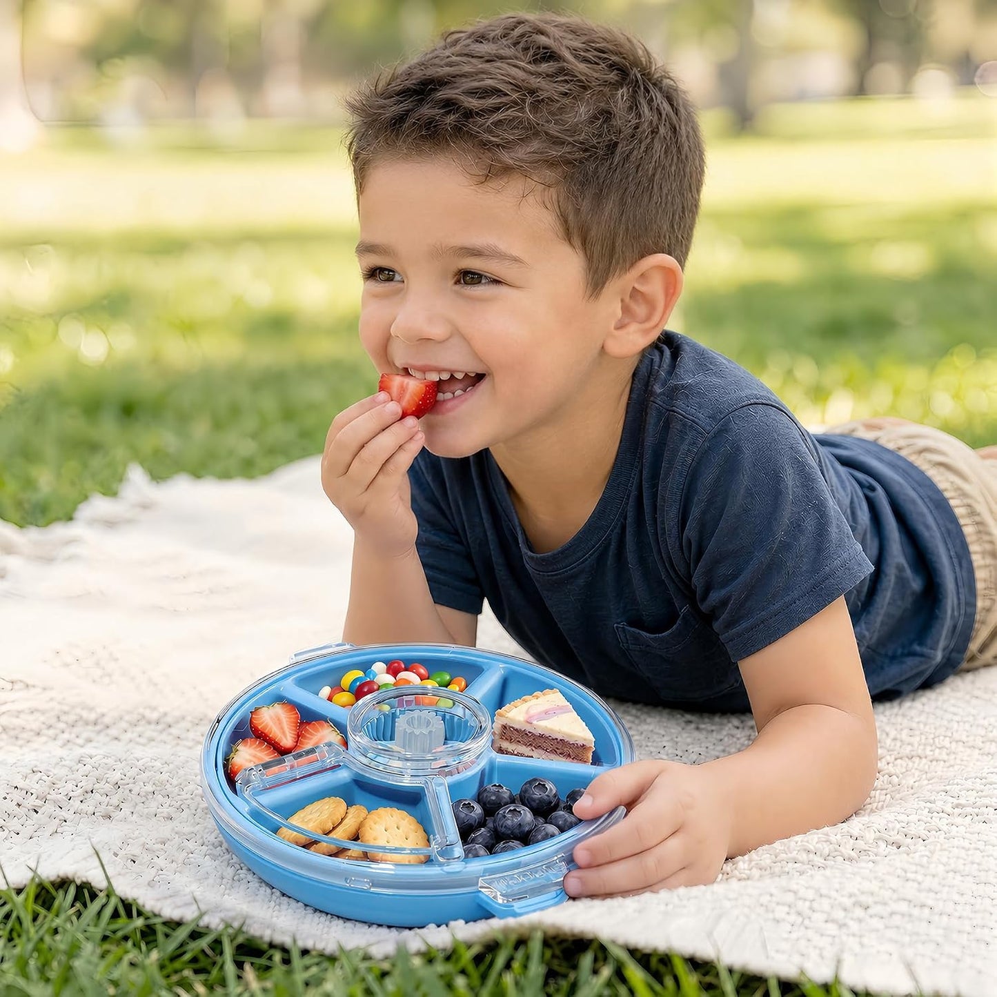 Kids Divided Snack Box with Hand Strap, Reusable 5-Compartment Kids Snack Container, BPA-Free Portable Candy & Nut Serving Platter for Travel, Parties, Picnics(Grey)