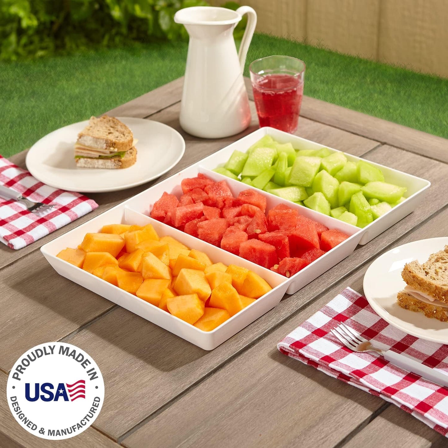 US Acrylic Avant White Plastic Divided Serving Trays (Set of 4) 15” x 5” | Narrow Reusable 3-Section Party Platters | Serve Appetizers, Fruit, Veggies, & Desserts | BPA-Free & Made in USA
