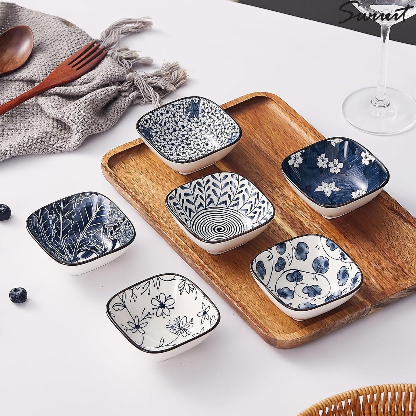 Japanese Style Ceramic Dipping Bowls,3'' Small Pinch Bowls Set Side Sauce Cups,Dishes for Sushi,Snack and Soy,BBQ,2.5 Oz Blue and White Mini Bowl for Kitchen Prep - Set of 6 (3 inch)