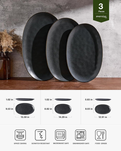 famiware Serving Platter, Oval 15.59/14.3/12.9inch Serving Dishes for Entertaining, Serving Bowls, Microwave Safe, Stoneware Serving Trays for Party, Food, Turkey, Cheese, Ocean Series, Vanilla White