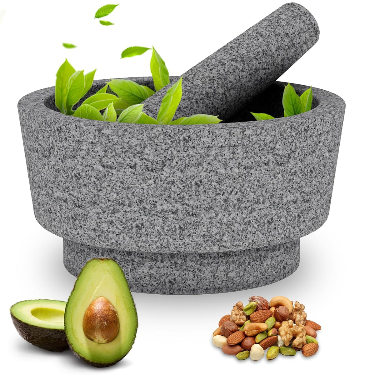 Large Mortar and Pestle Set- 4 Cup Unpolished Granite Bowl Heavy Duty Molcajete Mexicano Guacamole Pastes Pestos Salsa Bowl, Grind Seeds, Herbs, Pills, Kitchen Lab Muddler, Gray, 8 Inches