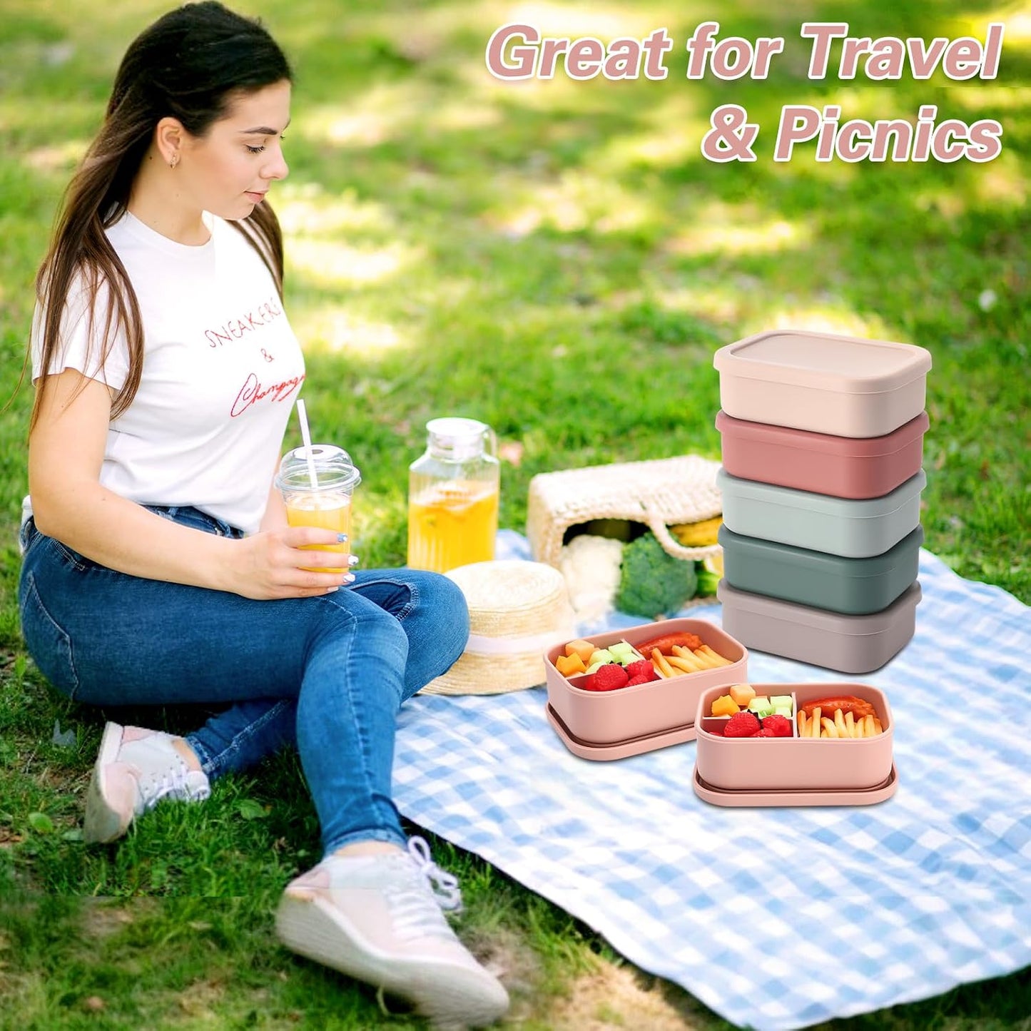 Honeydak 6 Pcs Silicone Bento Box Reusable Silicone Bento Lunch Container for Adults Microwave Dishwasher Freezer Safe 3 Compartment (Light Colors)