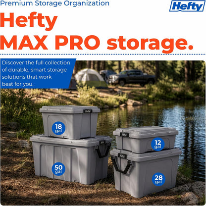 Hefty MAX Pro 12 Gallon Storage Bins with Latching Lids, Heavy Duty Stackable Plastic Storage Containers for Garage, Basement & Outdoor Use, Utility Storage Tote, 6 Pack, Gray