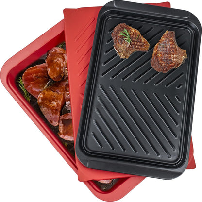 ECOIOU Grilling Prep and Serving Tray with Lid Set and Large Grilling Prep Trays, Black and Red