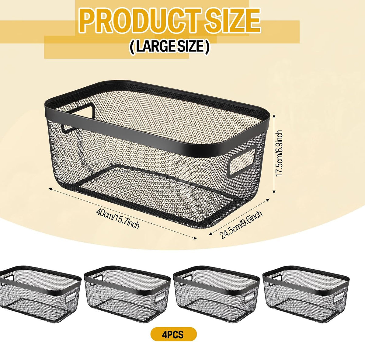 MorningRo 6 Pack Metal Mesh Basket with Hollow Handles Black Wire Storage Bin for Organizing Stackable Metal Fine Mesh Basket for Pantry Bathroom Kitchen Cabinets Shelves (Medium)