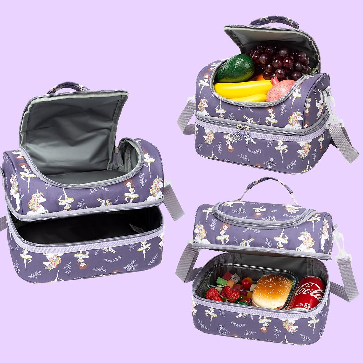 Insulated Kids Dual Compartment Lunch Bags Tote Pack for Girls Boys Toddler Kindergarten School Picnic Cooler Thermal Lunch Boxes with Strap (Green Rainbow)