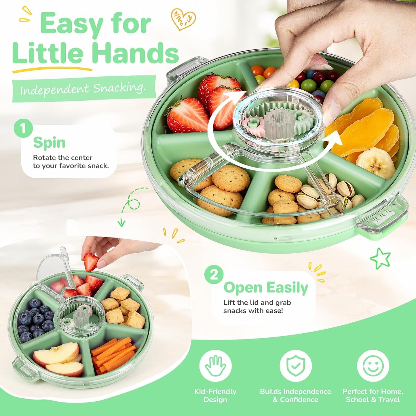 Kids Divided Snack Box with Hand Strap, Reusable 5-Compartment Kids Snack Container, BPA-Free Portable Candy & Nut Serving Platter for Travel, Parties, Picnics(Grey)